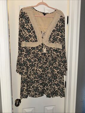 torrid Beige Floral Long Sleeve Boho Dress with Teal Accents